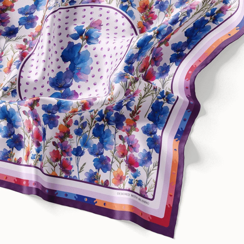 July Larkspur Birth Flower Silk Scarf 90, Designed With Meaning