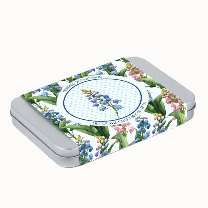 May Lily-of-the-Valley Birth Flower Silk Scarf 90 Gift Tin, Designed With Meaning