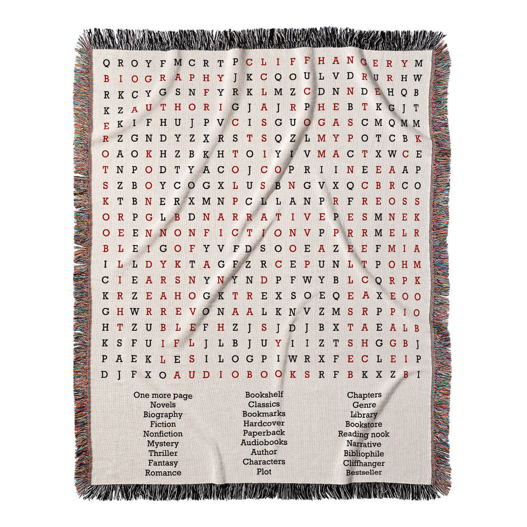 Booklover's Quest Word Search, 50x60 Woven Throw Blanket, Red#color-of-hidden-words_red