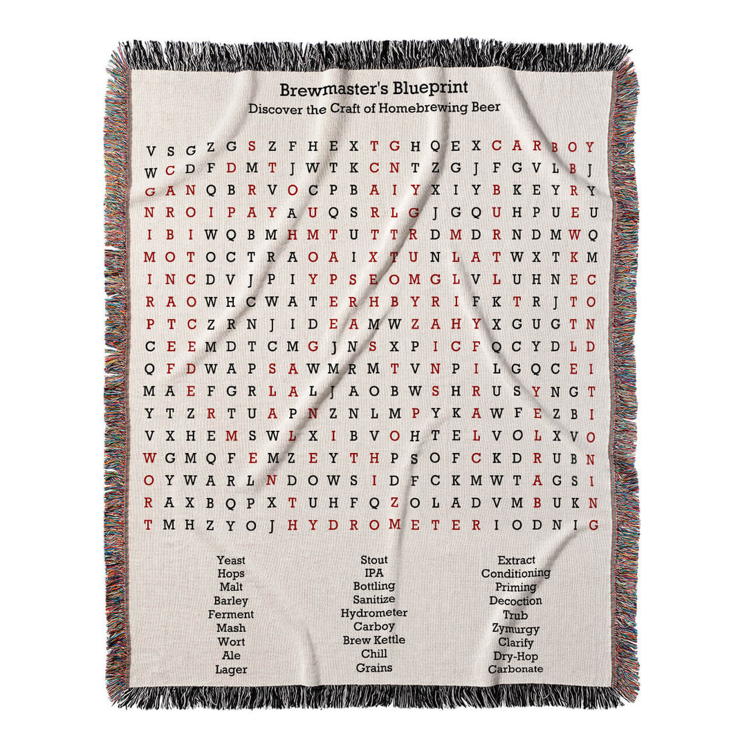 Brewmaster's Blueprint Word Search, 50x60 Woven Throw Blanket, Red#color-of-hidden-words_red