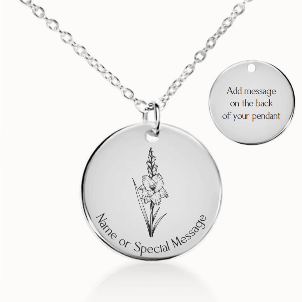 Personalized August Birth Flower Gladiolus Necklace in Silver, Birthday Gift for Her