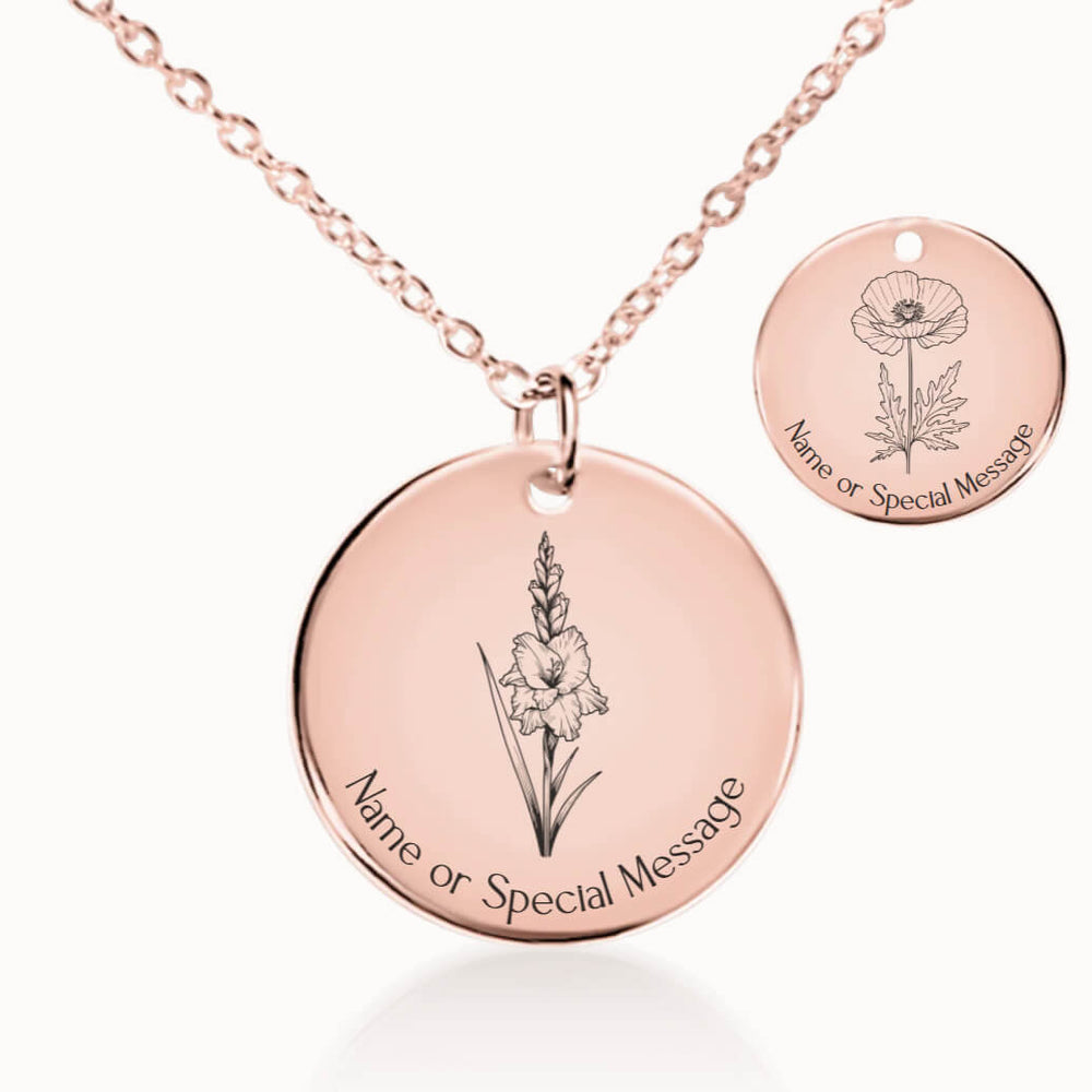 August Birth Flower Necklace, Gladiolus and Poppy Pendant in Rose Gold, Personalized Birthday Gift for Her