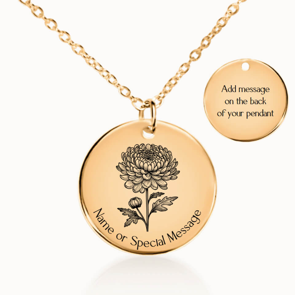 Chrysanthemum Birth Flower Pendant Necklace, Personalized November Birth Month Flower, Gift for Her, Gold