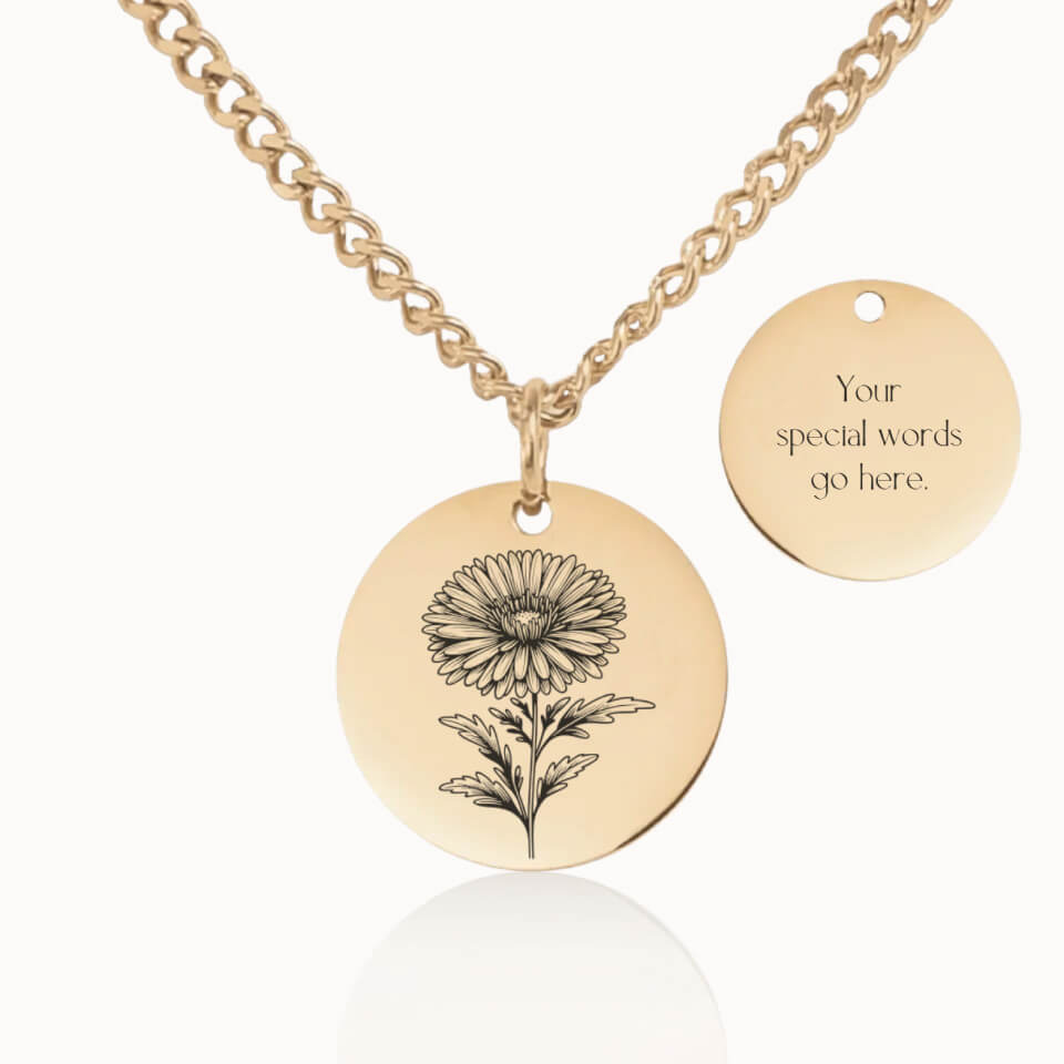 Classic Birth Flower Necklace with Cuban Link Chain, Personalized Gift in Gold, Designed With Meaning