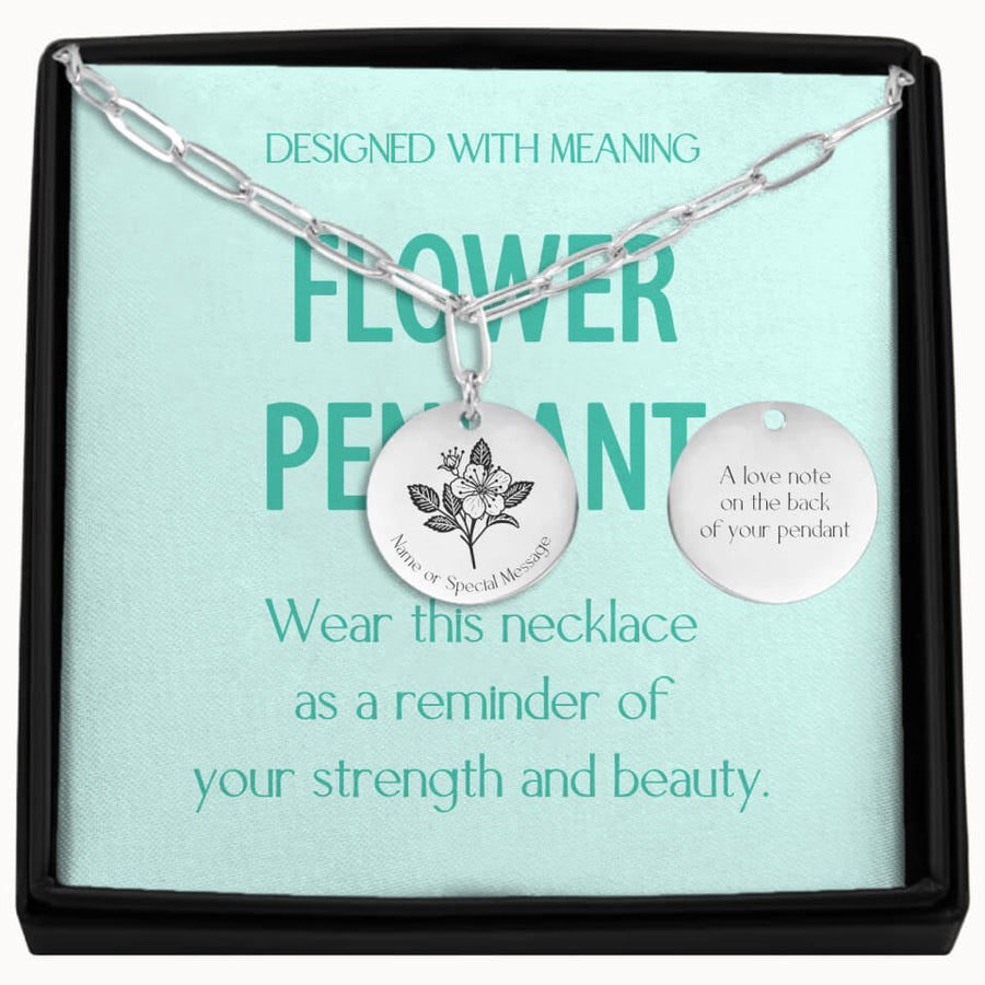 Personalized Birth Flower Necklace with Paperclip Chain in Silver, Custom Gift for Mom