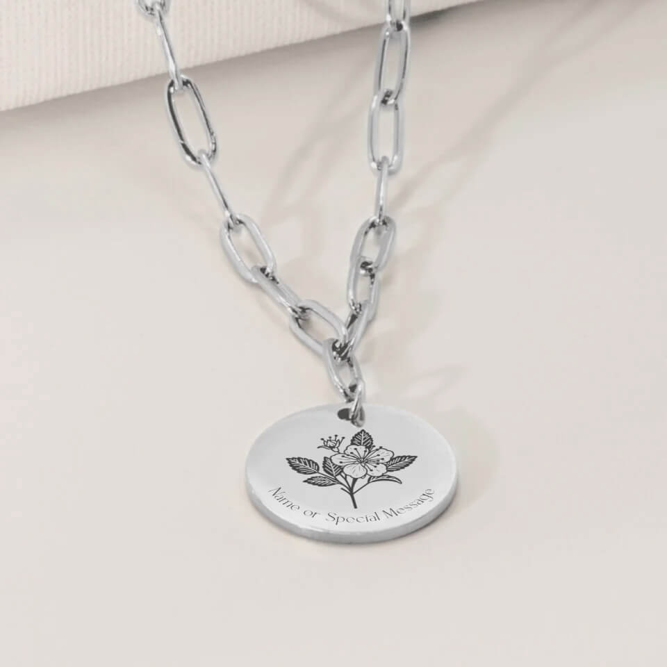 Personalized Birth Flower Necklace with Paperclip Chain in Silver, Custom Gift for Grandma