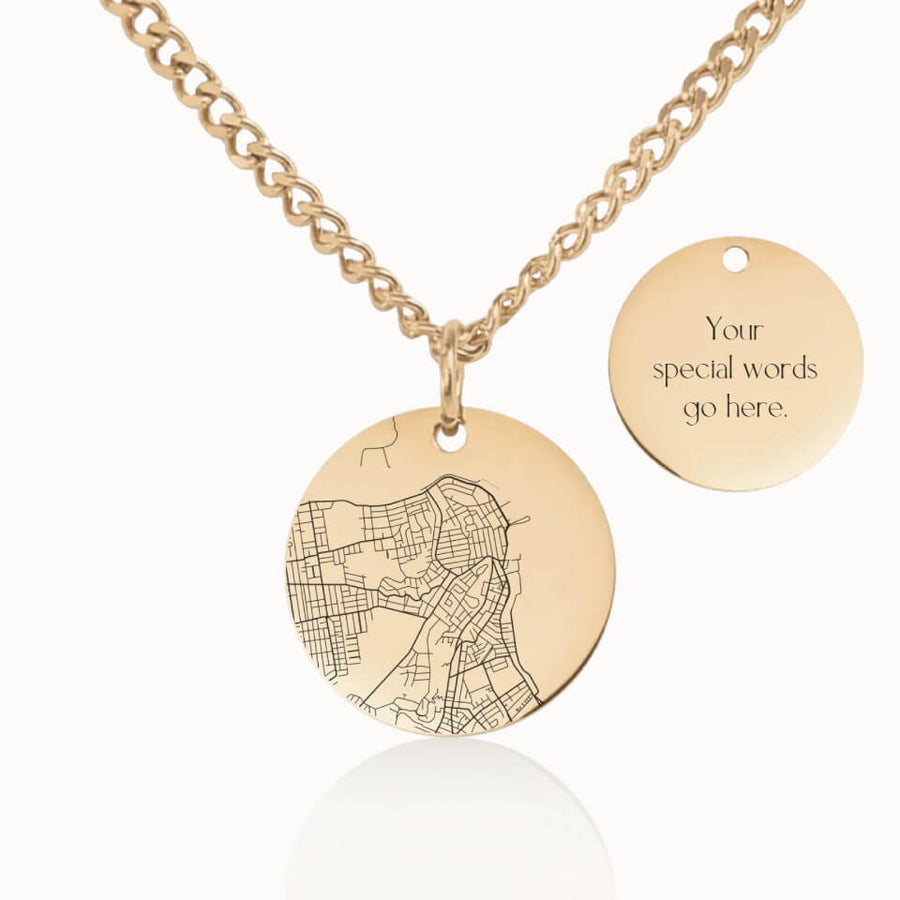 Classic City Street Map Necklace with Cuban Link Chain in Gold, Personalized Gift, Designed With Meaning