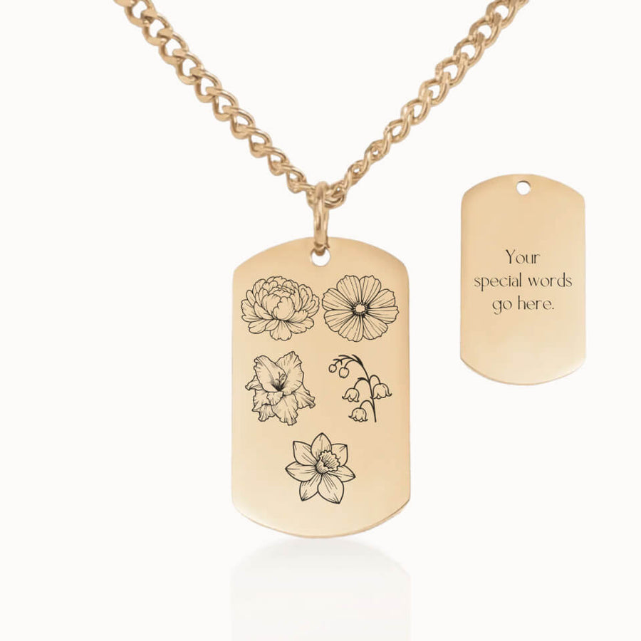 Tag Birth Flower Garden Necklace with Cuban Link Chain in Gold, Personalized Gift for Mom and Grandma, Designed With Meaning