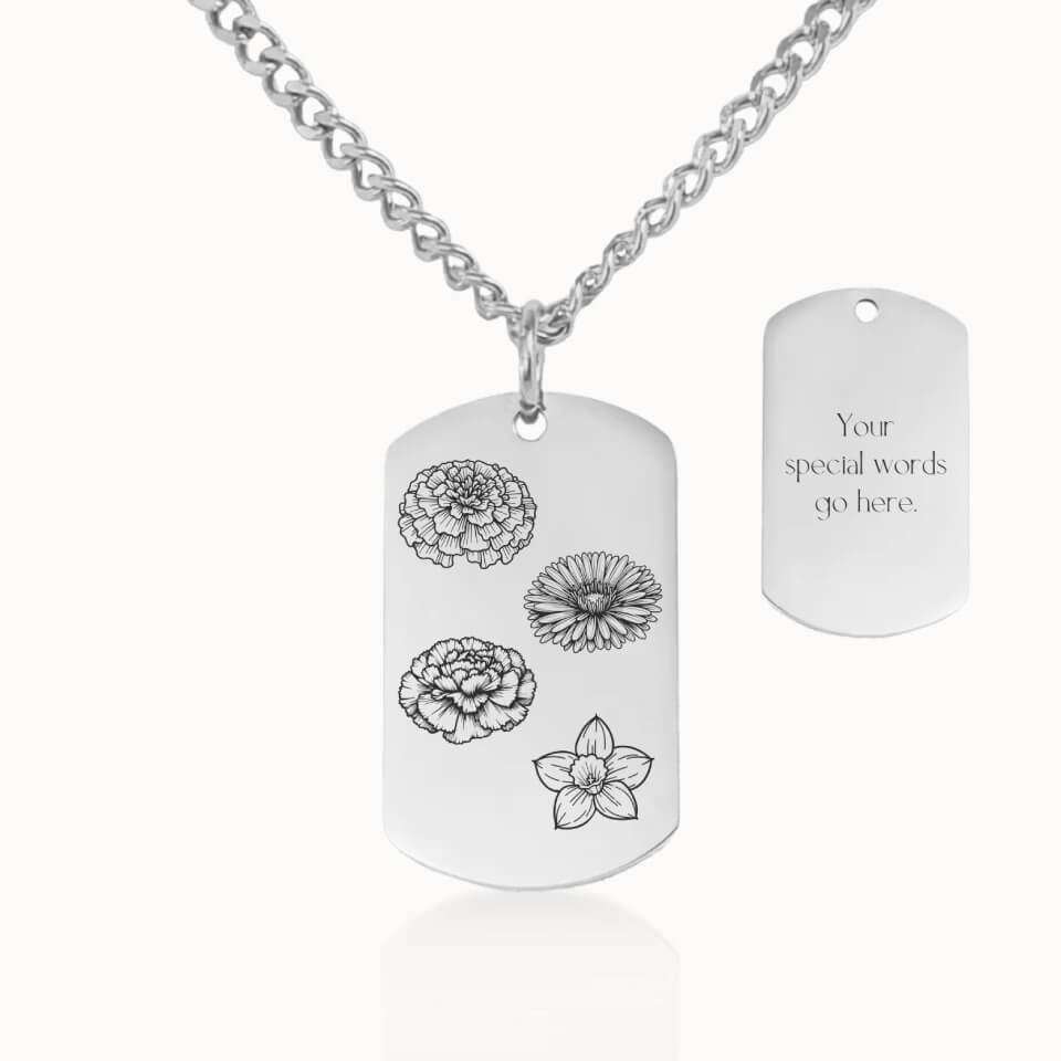 Tag Birth Flower Garden Necklace with Cuban Link Chain in Silver, Personalized Gift for Mom and Grandma, Designed With Meaning