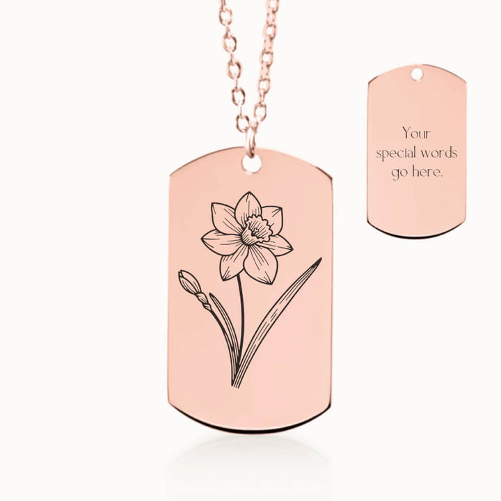 Custom Birth Flower Necklace, Personalized Gift, Tag Pendant in Rose Gold