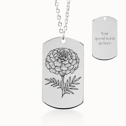 Custom Birth Flower Necklace, Personalized Gift, Tag Pendant in Silver