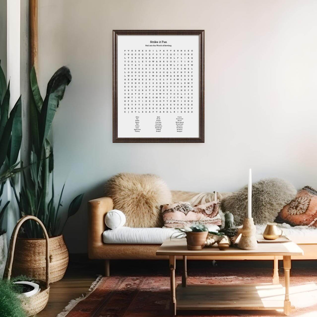 Custom Bowling Word Search Art Print, Styled#color-finish_espresso-beveled-frame
