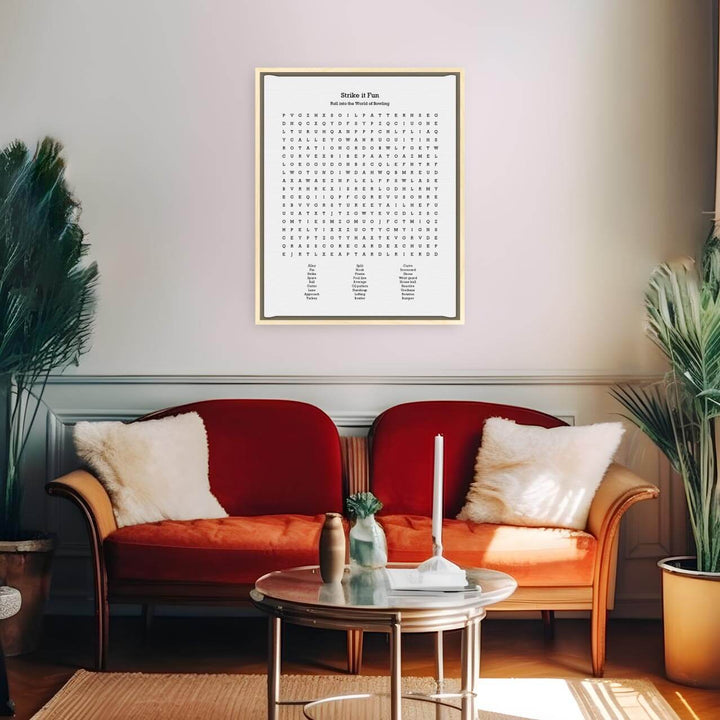 Custom Bowling Word Search Art Print, Styled#color-finish_light-wood-floater-frame