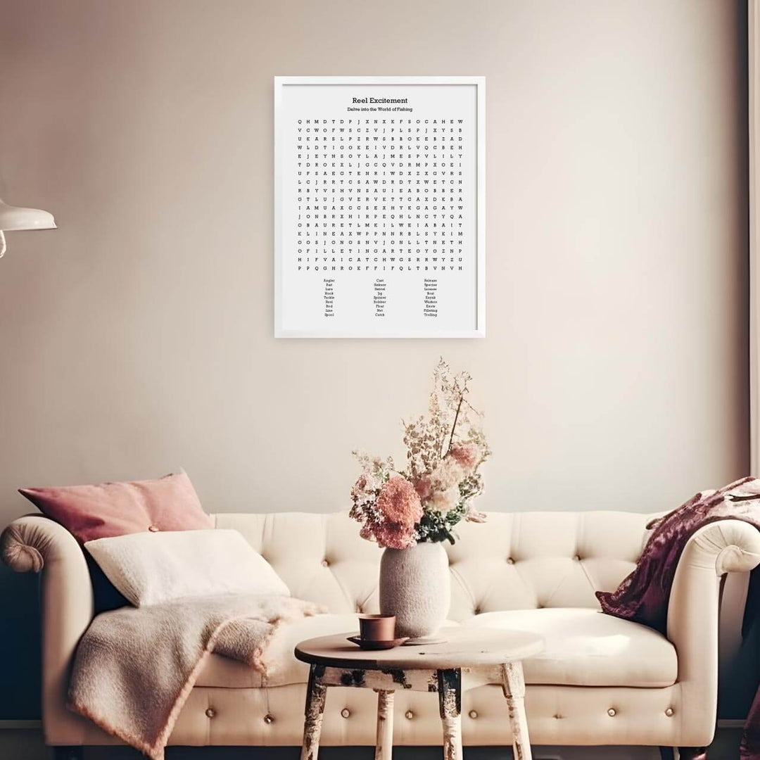 Custom Fishing Word Search Art Print, Styled#color-finish_white-thin-frame