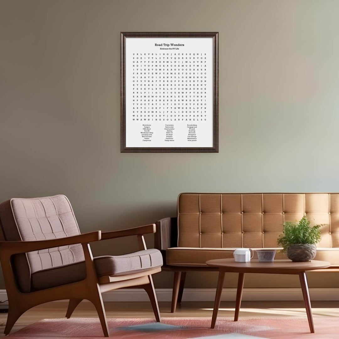Custom RV Travel Word Search Art Print, Styled#color-finish_espresso-beveled-frame