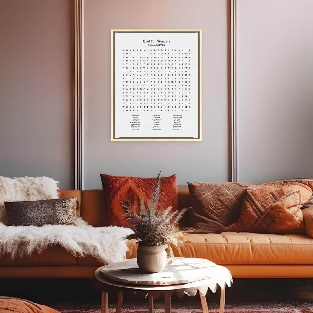 Custom RV Travel Word Search Art Print, Styled#color-finish_light-wood-floater-frame