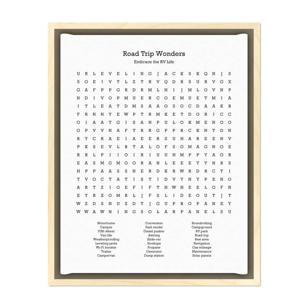 Custom RV Travel Word Search Art Print#color-finish_light-wood-floater-frame