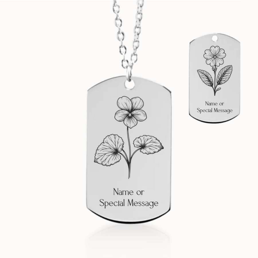 February Birth Month Flower Tag Pendant in Silver, Violet and Primrose Gift