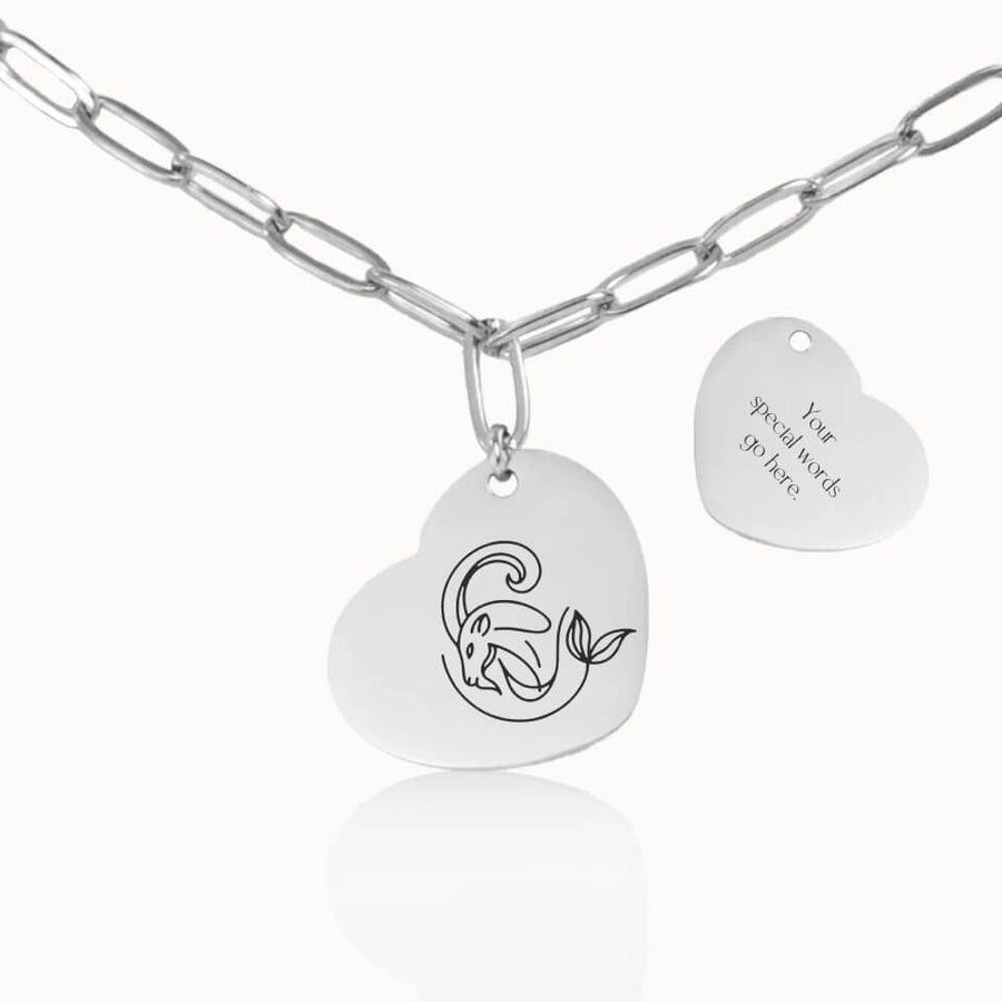 Heart Zodiac Sign Necklace with Paperclip Chain in Silver, Personalized Gift, Designed With Meaning