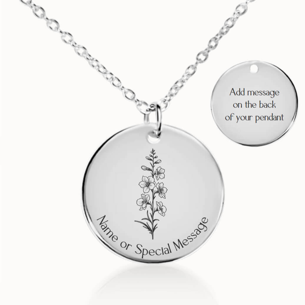 Personalized July Birth Flower Larkspur Necklace in Silver, Birthday Gift for Her