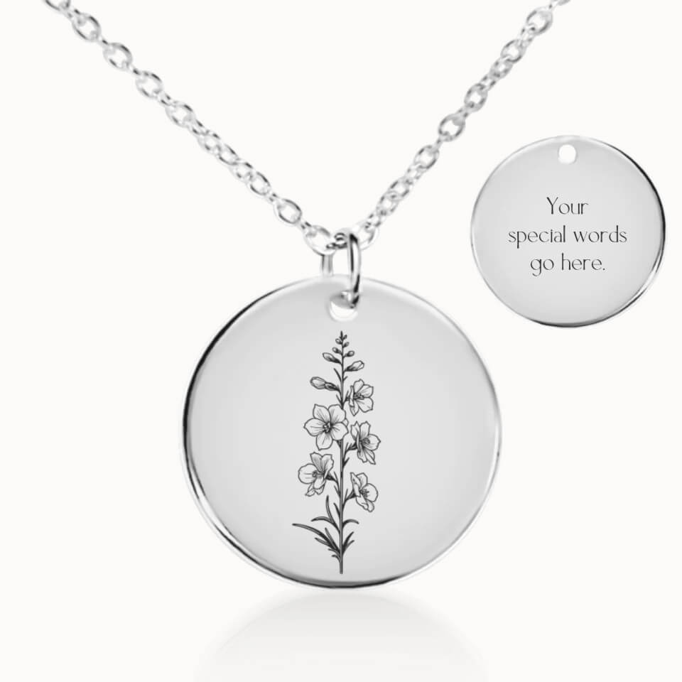 July Birth Flower Pendant Necklace in Silver, Personalized Gift for Her