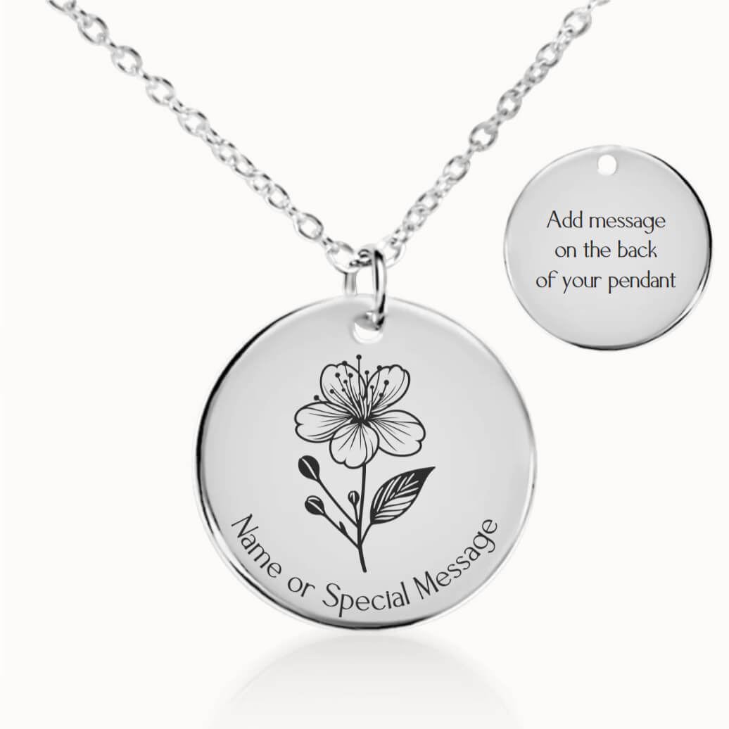 Personalized March Birth Flower Cherry Blossom Necklace in Silver, Birthday Gift for Her