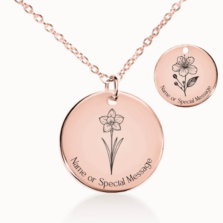 March Birth Flower Necklace, Daffodil and Cherry Blossom Pendant in Rose Gold, Personalized Birthday Gift for Her