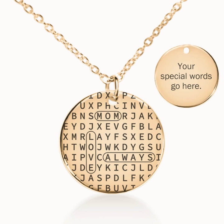 Mom Word Search Coin Pendant Necklace with Fine Chain in Gold, Personalized Gift for Mom, Designed With Meaning