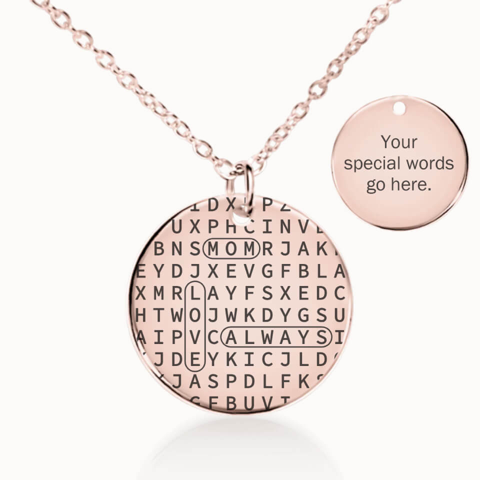 Mom Word Search Coin Pendant Necklace with Fine Chain in Rose Gold, Personalized Gift for Mom, Designed With Meaning