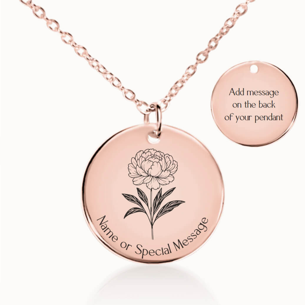 Personalized November Birth Flower Peony Necklace in Rose Gold, Birthday Gift for Her