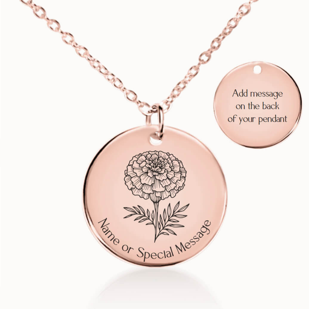 Personalized October Birth Flower Marigold Necklace in Rose Gold, Birthday Gift for Her