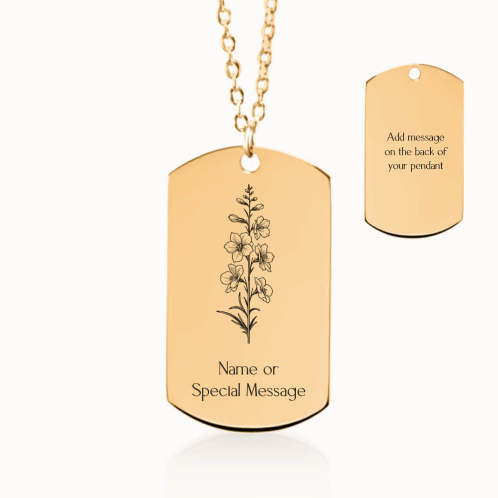 Personalized Larkspur Birth Flower Tag Pendant Necklace in Gold, July Birthday Gift for Her