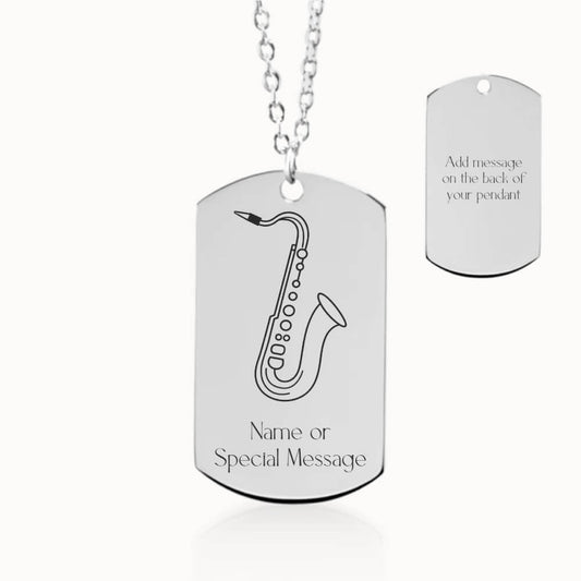 Tag Saxophone Necklace in Silver, Personalized Gift for Music Lover and Musician