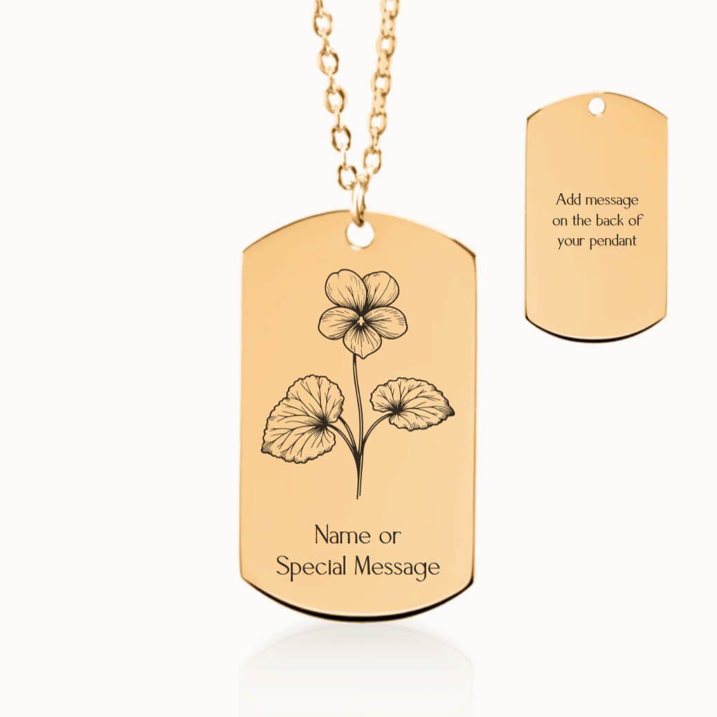 Personalized Violet Birth Flower Tag Pendant Necklace in Gold, February Birthday Gift for Her