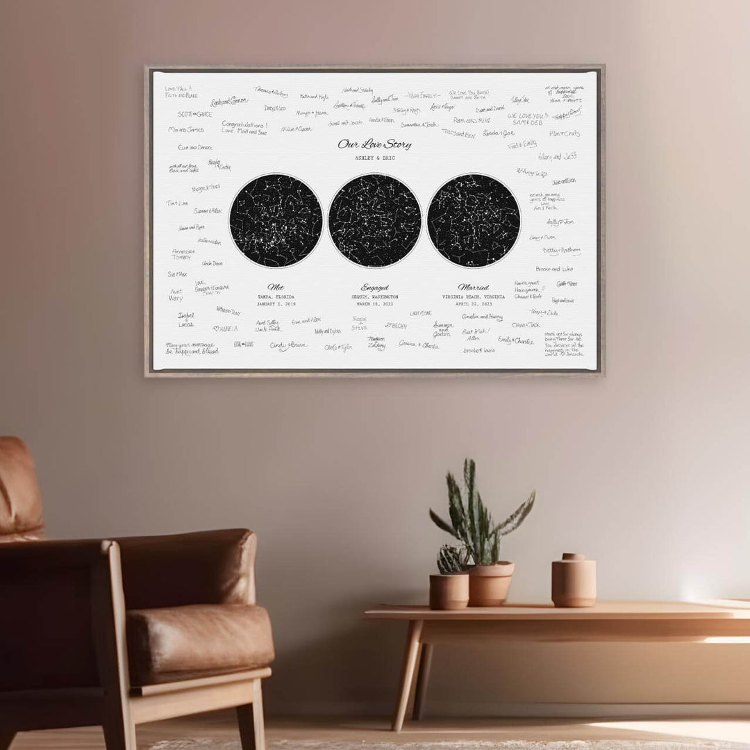 Custom Wedding Guest Book Alternative, Personalized Star Map with 3 Night Skies, Gray Floater Frame, Styled#color-finish_gray-floater-frame