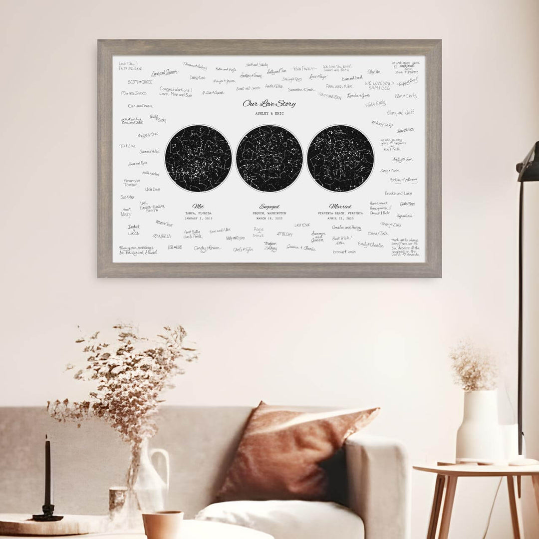 Custom Wedding Guest Book Alternative, Personalized Star Map with 3 Night Skies, Gray Wide Frame, Styled#color-finish_gray-wide-frame