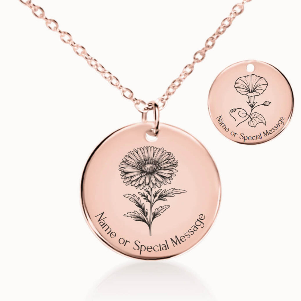 September Birth Flower Necklace, Aster and Morning Glory Pendant in Rose Gold, Personalized Birthday Gift for Her