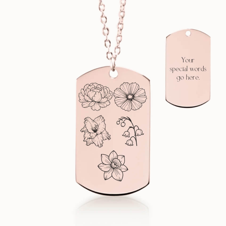 Tag Birth Flower Garden Necklace in Rose Gold, Personalized Gift for Mom and Grandma, Designed With Meaning