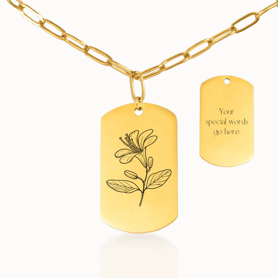 Personalized Tag Birth Flower Necklace with Paperclip Chain in Gold, Personalized Necklace Gift, Designed With Meaning