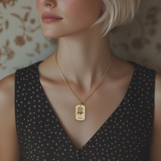 Personalized Birth Flower Necklace, Custom Tag Pendant in Gold, Unique Gift, Designed With Meaning