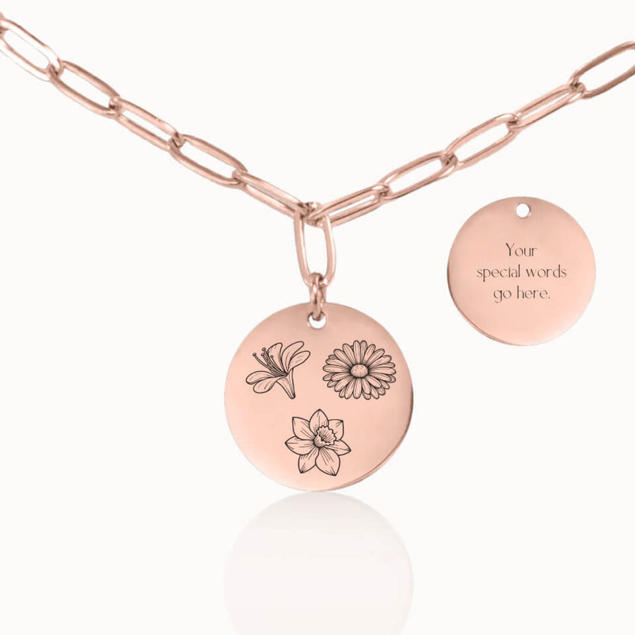 Classic Birth Flower Garden Necklace with Paperclip Chain in Rose Gold, Personalized Gift for Mom and Grandma, Designed With Meaning