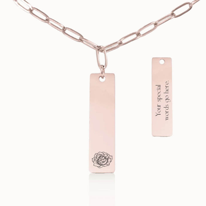 Personalized Vertical Birth Flower Necklace with Paperclip Chain in Rose Gold, Custom Gift for Her, Designed With Meaning