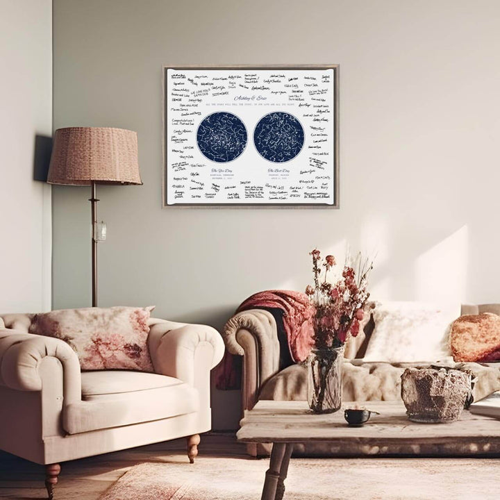 Personalized Wedding Guestbook Alternative, Star Map Personalized with 2 Night Skies, Gray Floater Frame, Styled#color-finish_gray-floater-frame