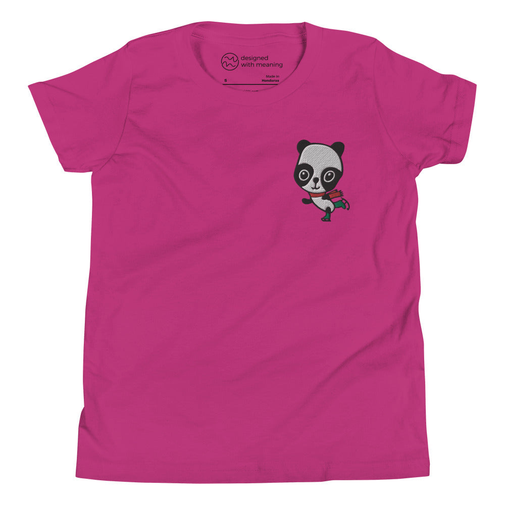 Embroidered Ice Skating Panda, 100% Cotton Shirt, Kids
