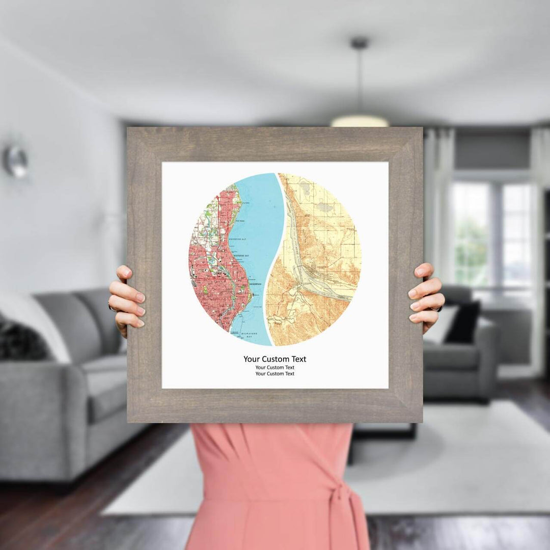 Circle Shape Atlas Art Personalized with 2 Joining Maps, Styled#color-finish_gray-wide-frame