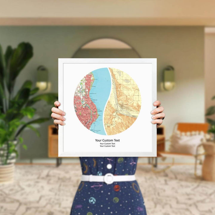 Circle Shape Atlas Art Personalized with 2 Joining Maps, Styled#color-finish_white-thin-frame