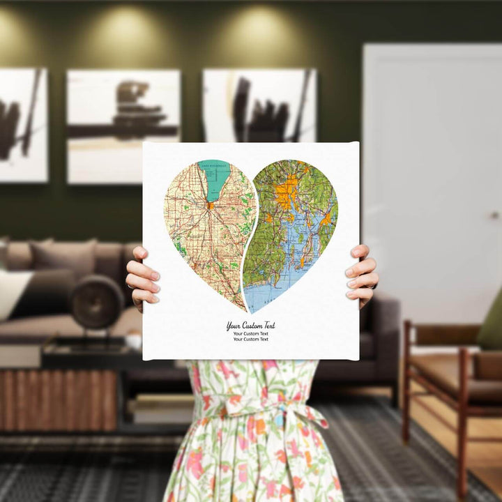Heart Shape Atlas Art Personalized with 2 Joining Maps, Styled#color-finish_wrapped-canvas