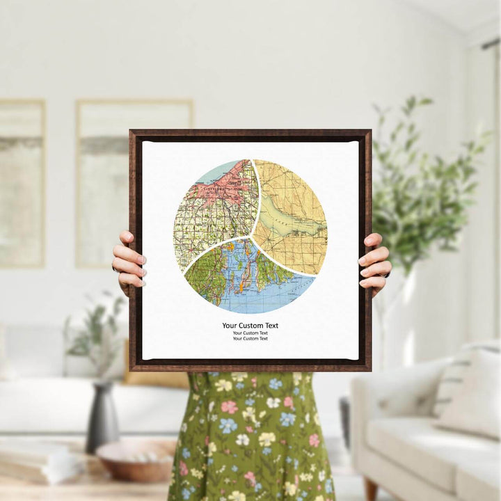 Circle Shape Atlas Art Personalized with 3 Joining Maps, Styled#color-finish_espresso-floater-frame