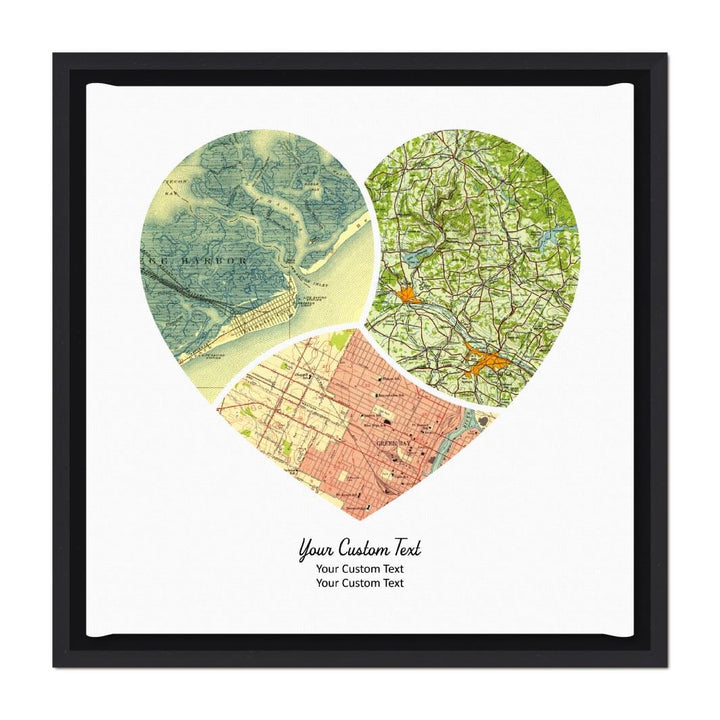 Heart Shape Atlas Art Personalized with 3 Joining Maps#color-finish_black-floater-frame