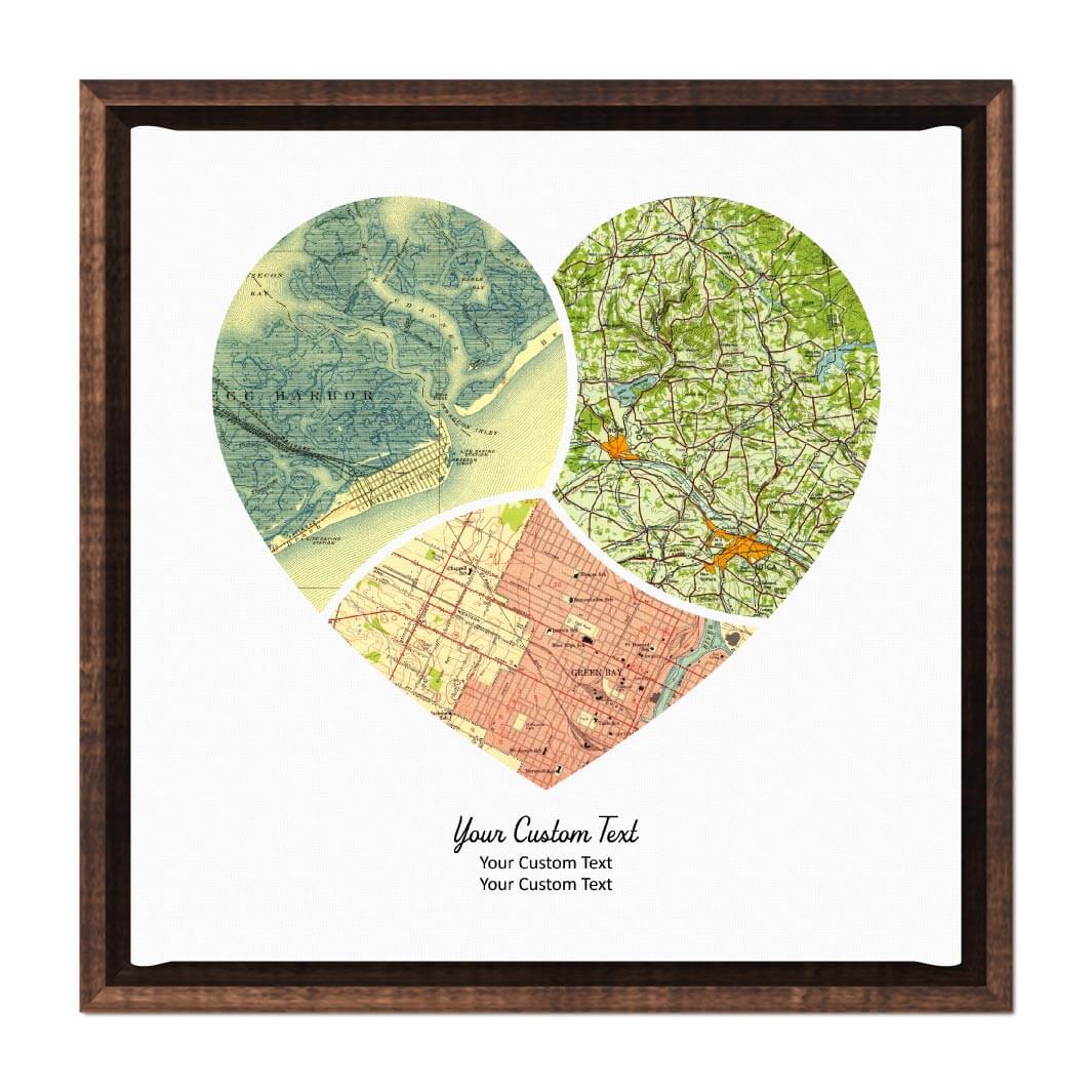 Heart Shape Atlas Art Personalized with 3 Joining Maps#color-finish_espresso-floater-frame